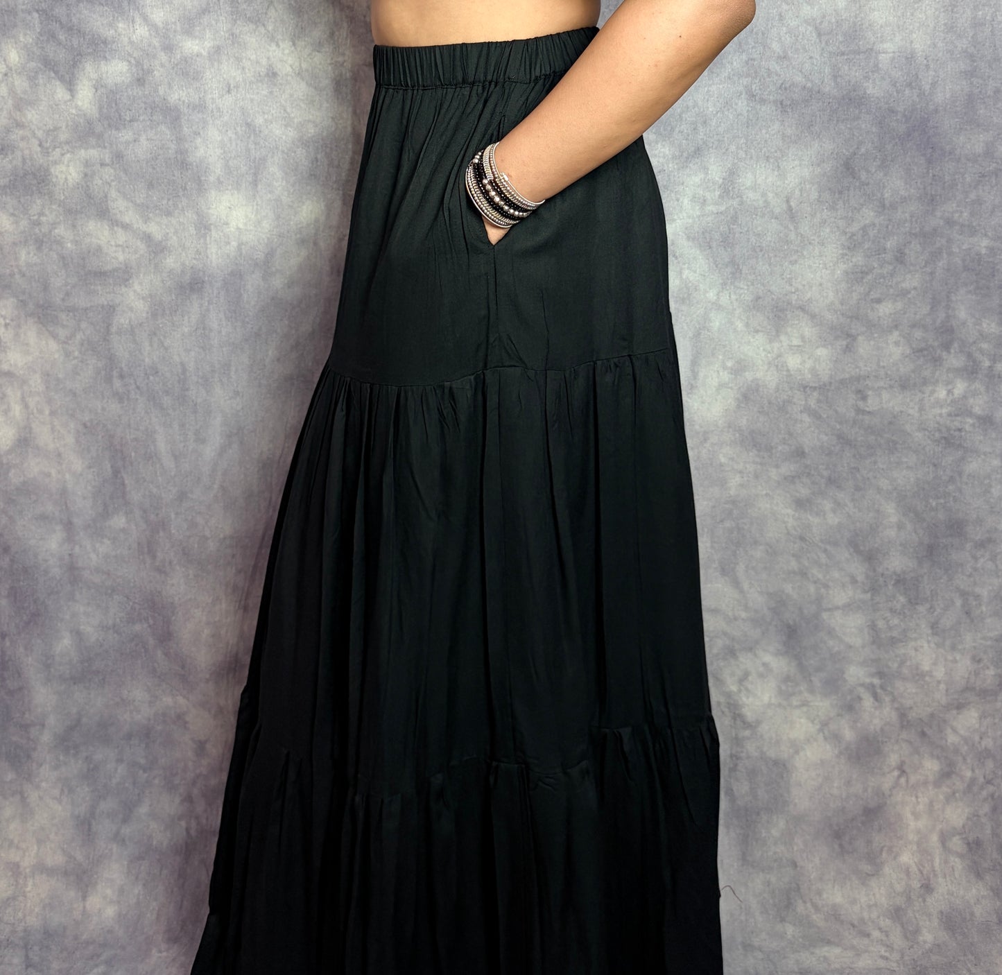 MIDNIGHT BREEZE TIERED LONG SKIRT