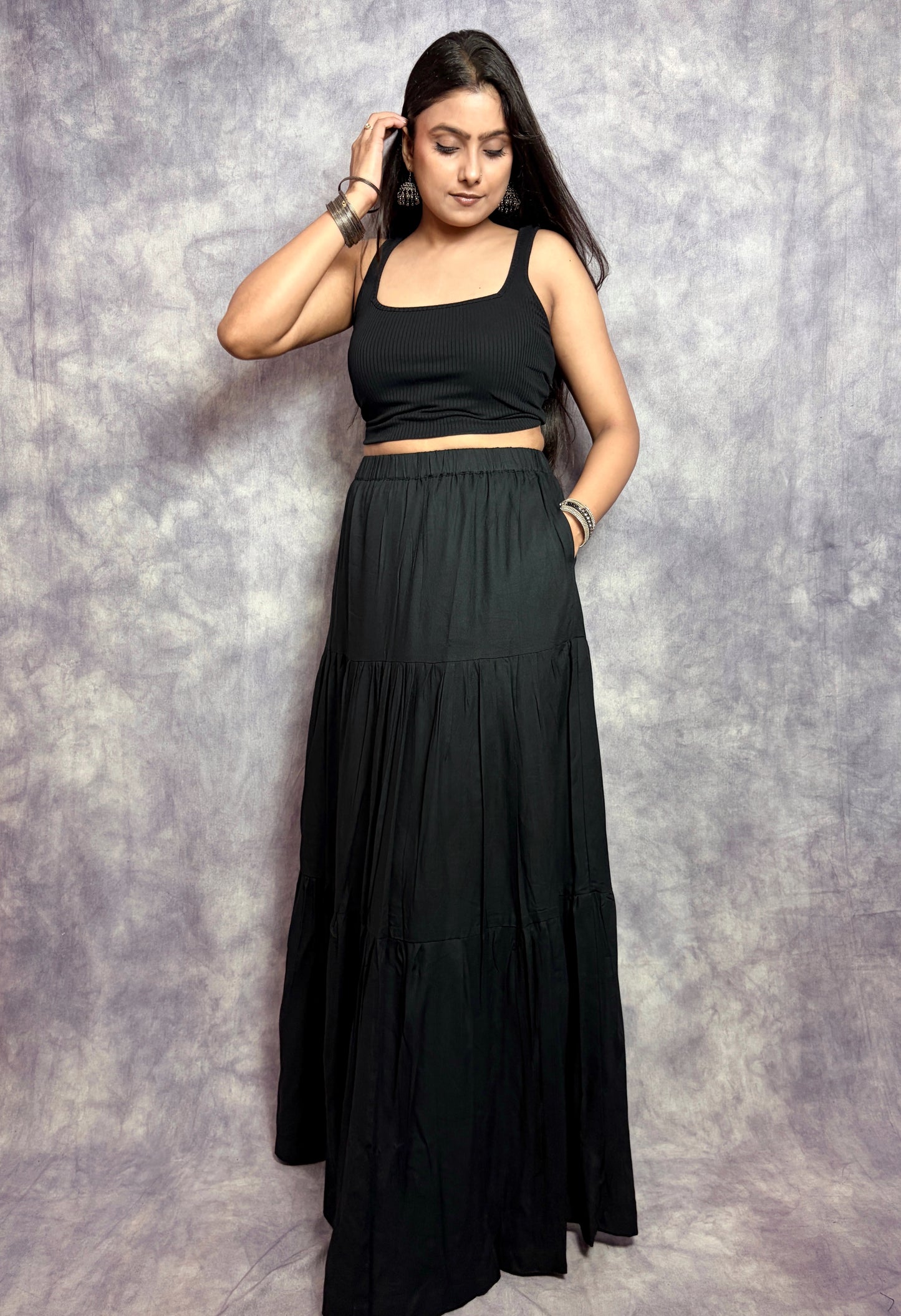 MIDNIGHT BREEZE TIERED LONG SKIRT